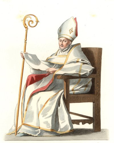 Obispo español del siglo XVI, basado en una pintura de Bartolome Murillo (1617-1682) - Litografía basada en una ilustración de Edmond Lechevallier-Chevignard (1825-1902), de 