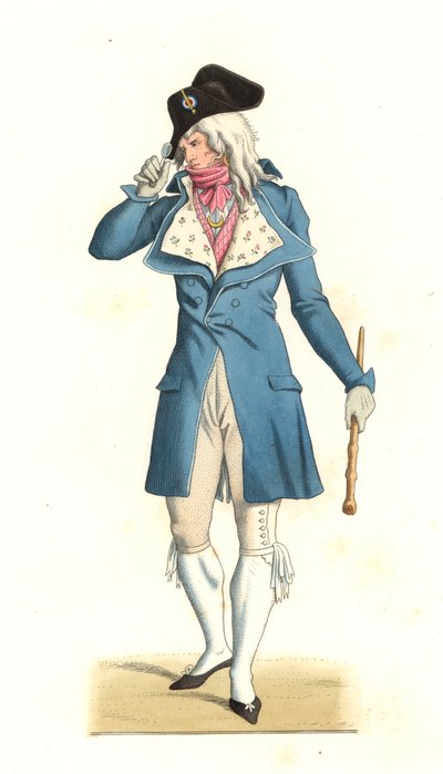 Joven francés nacido en la moda de los Increíbles del siglo XVIII, después de una pintura de Carle Vernet (1758-1836) - Litografía de una ilustración de Edmond Lechevallier-Chevignard (1825-1902), de 