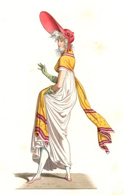 Joven mujer francesa vestida a la moda de los Maravillosos del siglo XVIII, de una ilustración de Edmond Lechevallier-Chevignard, de 