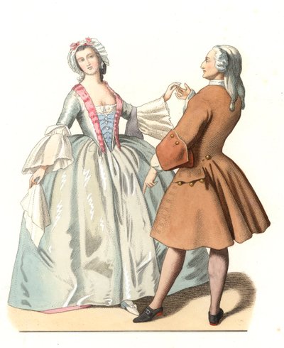 Maestro de danza y un joven veneciano, lección de baile en Italia siglo XVIII, basado en una pintura de Pietro Longhi - Litografía basada en una ilustración de Edmond Lechevallier-Chevignard, extraída de "Trajes Históricos del siglo XVI" de Edmond Lechevallier Chevignard