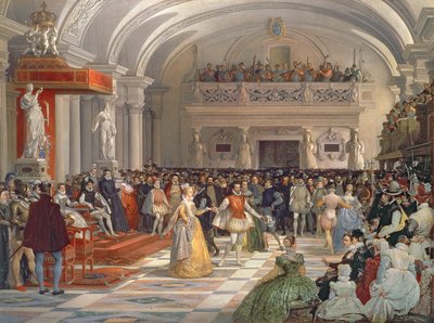La boda de Enrique de Borbón, Rey de Navarra, con Margarita de Valois en presencia de Catalina de Médici y Carlos IX en 1572, 1862 de Edmond Lechevallier Chevignard