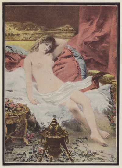 Delerium, mujer sentada en un sofá (litografía en color) de Edmond Louis Dupain