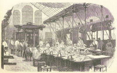 Plateros trabajando en la Fábrica de Cubiertos Christophle en París, pub. 1875 de Edmond Morin