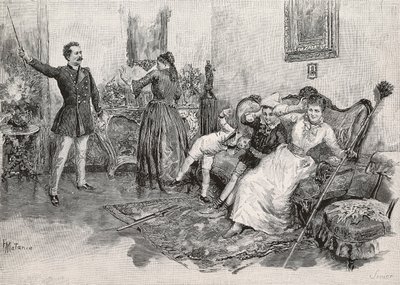 Dos mujeres y dos niños asustados por un hombre intimidante, grabado de la ilustración de Edoardo Matania para el libro Military Life in Italy de Edmondo De Amicis (1846-1908), de L