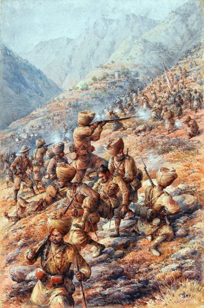 35º Regimiento (Sikh) de Infantería de Bengala, Fuerza de Campo de Malakand, repeliendo un ataque de miembros de la tribu de Edmund Arthur Ponsonby Hobday