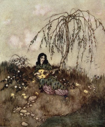 Cuando terminaba su trabajo, cantaba y tocaba", de "Cenicienta", c.1910. de Edmund Dulac