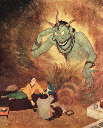 Aladino y la Efrita, ilustración de "Aladino y la lámpara maravillosa". de Edmund Dulac
