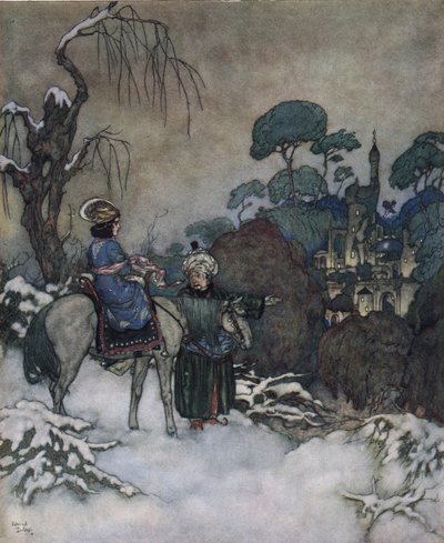 La Bella y la Bestia: la Bella, habiendo aceptado ocupar el lugar de su padre prisionero de la Bestia para liberarlo, se dirige hacia el castillo, c.1910 (litografía) de Edmund Dulac