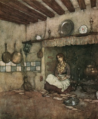 Cenicienta: la joven Cenicienta sentada entre las cenizas de la chimenea, c.1910 (litografía) de Edmund Dulac
