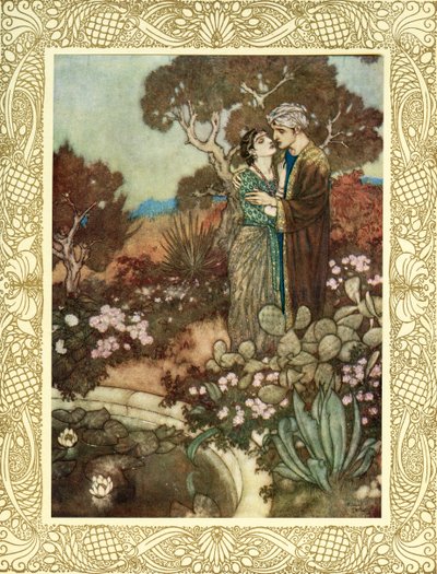 En tu pequeña hora de gracia, el ciprés ondulante en tus brazos se une, antes de que la madre vuelva a estrecharte entre sus brazos y te abrace por última vez, ilustración de "Las Rubaiyat de Omar Khayyam", publicado en 1909 (litografía en color). de Edmund Dulac