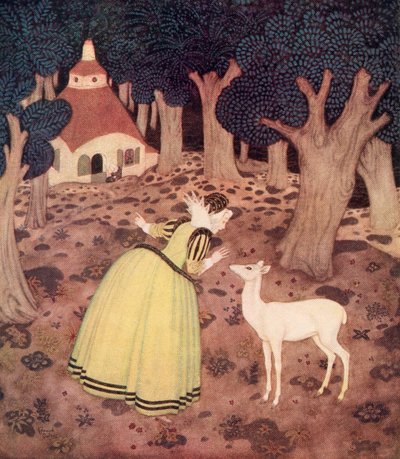 "Giroflee dio las gracias al Hada y se adentró en el bosque; y allí, efectivamente, vio una cabaña y una anciana sentada fuera", ilustración del cuento francés La cierva del bosque, del Fairy-Book de Edmund Dulac: Fairy Tales of the Allied Nations, de Edmu de Edmund Dulac