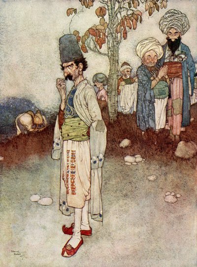 Adoptó un disfraz adecuado a su propósito, ilustración de "Alí Babá y los cuarenta ladrones". de Edmund Dulac