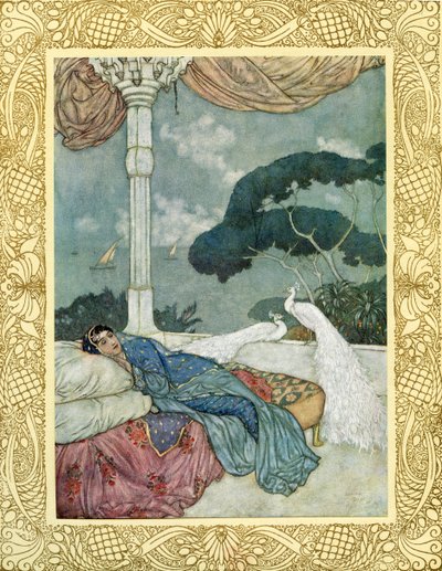 El cielo no es más que la visión de un deseo cumplido, y el infierno la sombra de un alma en llamas,
arrojada sobre la oscuridad en la que nosotros mismos, tan tarde emergidos, tan pronto expiraremos, ilustración de "Los Rubaiyat de Omar Khayyam", publicad de Edmund Dulac