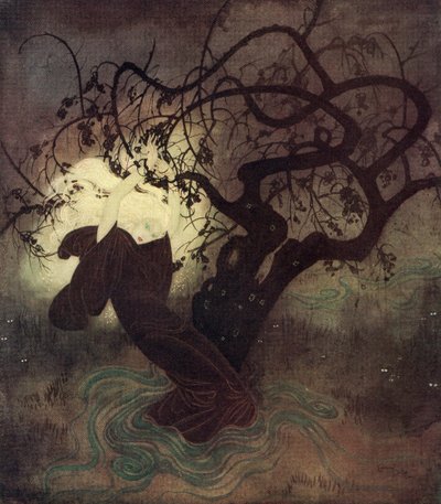 "En su frenético forcejeo, la capucha de su manto se desprendió de su deslumbrante cabellera dorada, e inmediatamente todo el lugar se inundó de luz", ilustración del cuento inglés The Buried Moon (La luna enterrada), del Fairy-Book de Edmund Dulac: Fairy  de Edmund Dulac