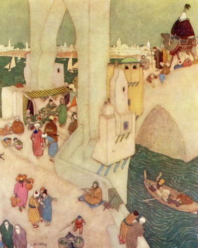En la ciudad de Bagdad, ilustración de "Simbad el Marino". de Edmund Dulac