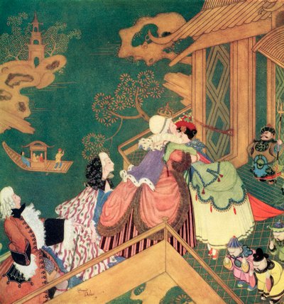 "Laideronnette besó y abrazó al hada buena protectora", ilustración del cuento francés La serpiente verde, del Fairy-Book de Edmund Dulac: Cuentos de hadas de las naciones aliadas, pub.1916 de Edmund Dulac