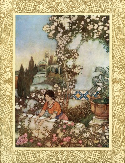Mira a la Rosa que sopla a nuestro alrededor - "He aquí, riendo", dice, "al mundo soplo: A la vez la borla de seda de mi Bolsa Rasgar, y su Tesoro en el Jardín tirar, ilustración de 
