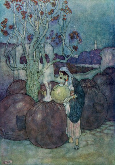 Morgiana vertió en cada jarra una cantidad suficiente de aceite hirviendo, ilustración de "Alí Babá y los cuarenta ladrones". de Edmund Dulac