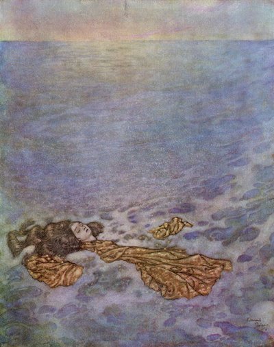 Una vez más miró al príncipe, con los ojos ya oscurecidos por la muerte, luego se precipitó por la borda y cayó, su cuerpo disolviéndose en espuma, iIlustración de "La Sirena". de Edmund Dulac