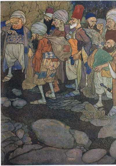 Algunos de los Cuarenta Ladrones, ilustración de "Alí Babá y los Cuarenta Ladrones" (litografía en color) de Edmund Dulac