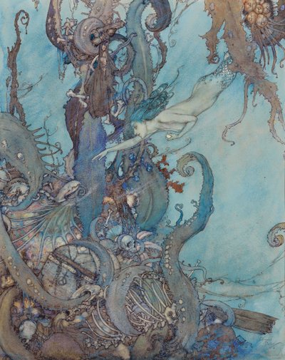 La Sirenita, "A la mera vista del líquido brillante retrocedieron aterrorizados" de Edmund Dulac