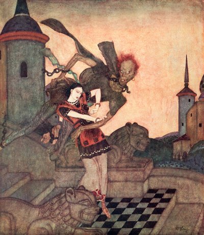 "El Príncipe, mirando hacia fuera, lo vio arrebatar a la Princesa y alejarse rápidamente", ilustración del cuento serbio La historia de Bashtchelik, del Fairy-Book de Edmund Dulac: Cuentos de las naciones aliadas, Edmund Dulac, 1916. de Edmund Dulac