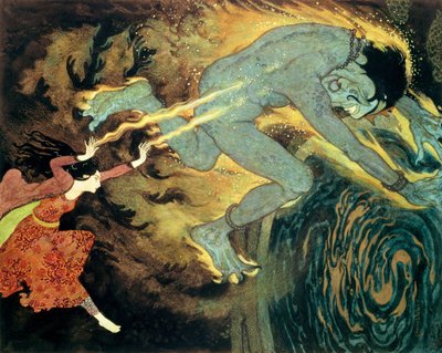 La princesa quema a Elfrite hasta la muerte, de La historia de las tres calandrias en "Simbad el marino y otros cuentos" (litografía en color) de Edmund Dulac