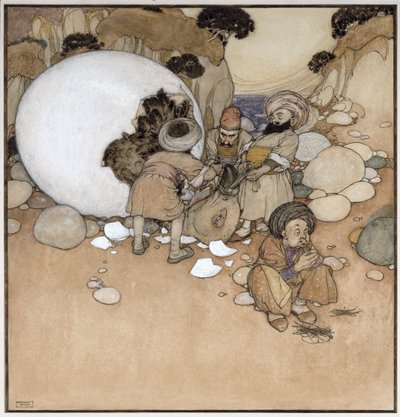 El huevo de Roc, escena de "Simbad el Marino" de "Las mil y una noches". de Edmund Dulac