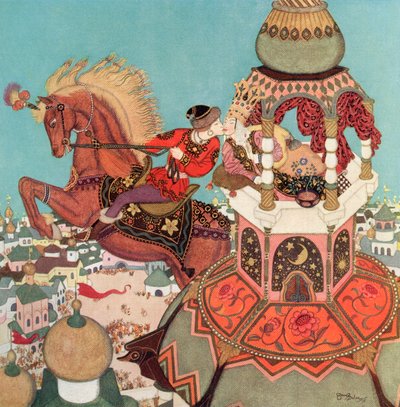 "El caballo castaño parecía quedarse en el aire en lo alto de su salto mientras duraba aquel beso", ilustración del cuento ruso Iván y el caballo castaño, del Fairy-Book de Edmund Dulac: Cuentos de hadas de las naciones aliadas, pub.1916 de Edmund Dulac