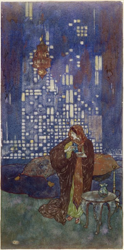 "La copa de vino que ella le da cada noche contiene una bebida para dormir", ilustración de "El Rey de las Islas de Ébano". de Edmund Dulac