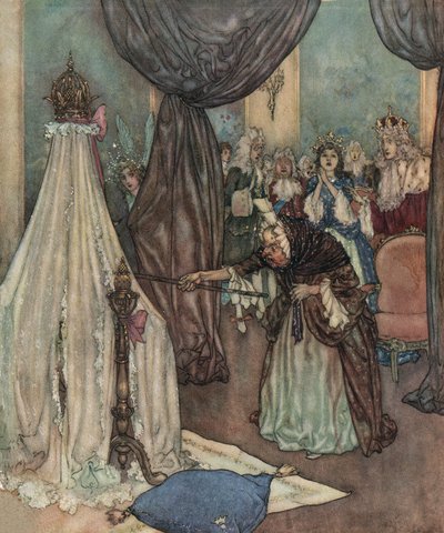 La bella durmiente: un anciano se inclina sobre la cuna de la princesa y la maldice, c.1910 (litografía) de Edmund Dulac