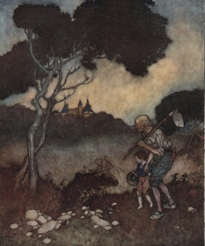 La bella durmiente: las torres del castillo de la princesa aparecen por encima de los árboles. de Edmund Dulac