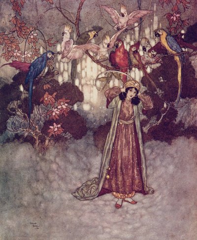 Apenas vieron a la Bella, empezaron a gritar y a parlotear" de "La Bella y la Bestia". de Edmund Dulac