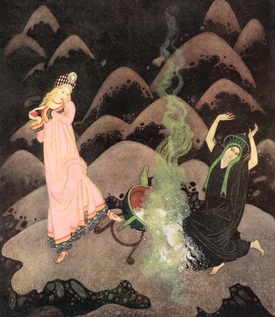 "Con un grito, la princesa se precipitó hacia delante y, antes de que su malvada hermana pudiera impedírselo, volcó el caldero con estrépito", ilustración del cuento ruso El pájaro de fuego, del Fairy-Book de Edmund Dulac: Fairy Tales of the Allied Nations de Edmund Dulac