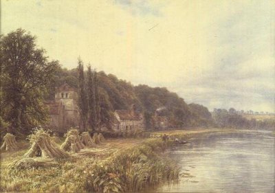 Pueblo ribereño con figuras pescando de Edmund George Warren