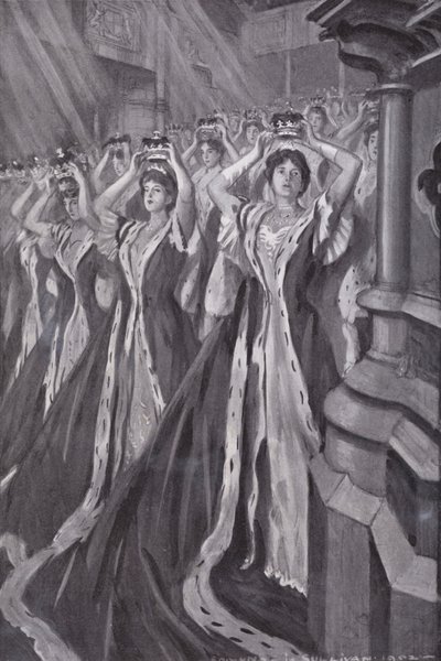 Damas poniéndose sus coronas en la coronación de la Reina Alexandra, consorte del Rey Eduardo VII, Abadía de Westminster, Londres de Edmund Joseph (after) Sullivan