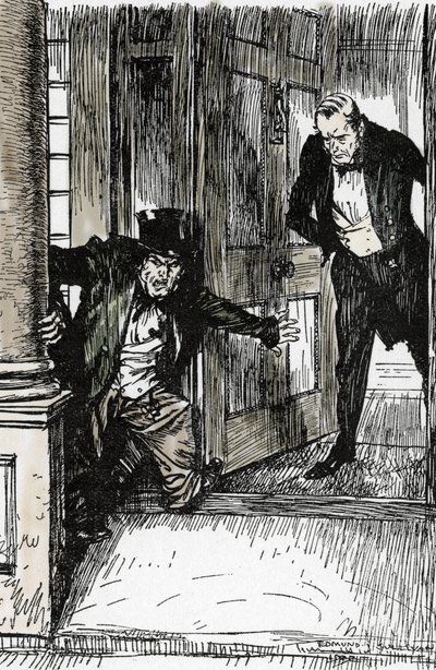 Dr Lanyon opens his door and discover Mr Hyde vetus of clothes far too big, Ilustración de Edmund Joseph Sullivan (1869-1933) para la novela L