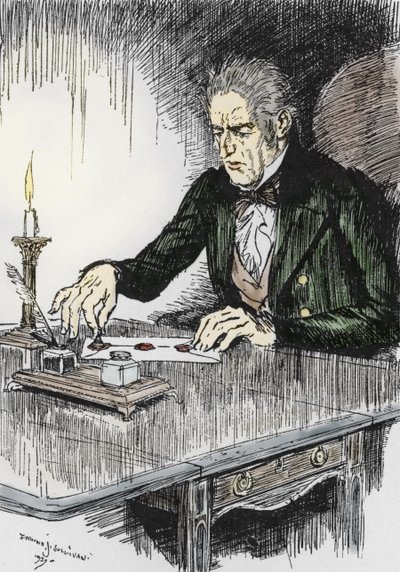 El Dr. Jekyll cierra la carta en la que confiesa ser Mr Hyde el asesino, Ilustración de Edmund Joseph Sullivan (1869-1933) para la novela L