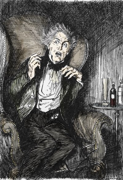 El Dr. Jekyll aterrorizado durante su conversación con Utterson y Enfield, Ilustración de Edmund Joseph Sullivan (1869-1933) para la novela L