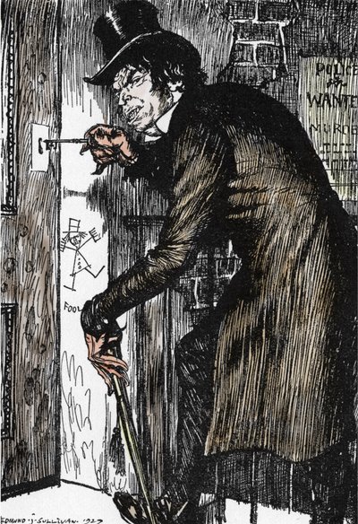 Mr Hyde vuelve a casa tras una noche de aventuras para tomar el antídoto y retomar la apariencia del Dr Jekyll, Ilustración de Edmund Joseph Sullivan (1869-1933) para la novela L