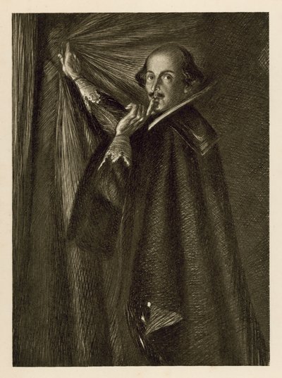 William Shakespeare sosteniendo la cortina y diciéndonos que guardemos silencio de Edmund Joseph Sullivan
