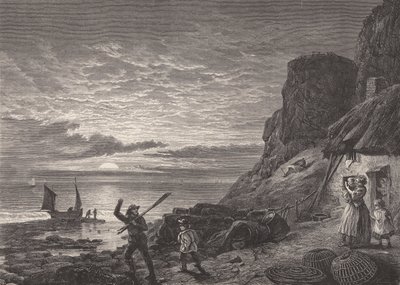 Pescadores padre e hijo despidiéndose de su familia (grabado) de Edmund Morison (after) Wimperis