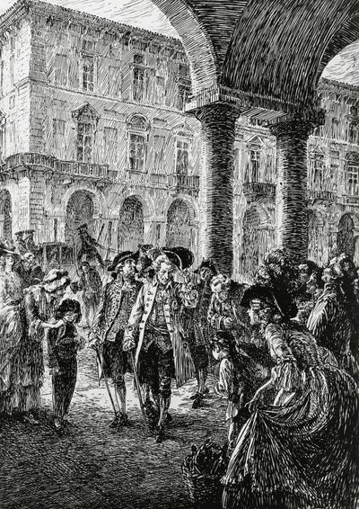 Reunión bajo los soportales de Turín, ilustración para La tormenta, Satet, Turín de Edoardo Calandra