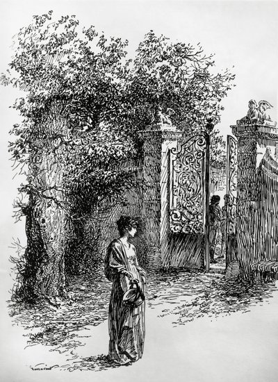 Mujer frente a una puerta, ilustración para La tormenta, Satet, Turín de Edoardo Calandra
