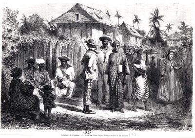 Nativos de Cayena, después de acuarelas de M. Bouyer, grabado por Antoine Valery Bertrand (n.1823) de Edouard (after) Riou