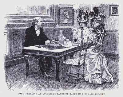 París bohemio: Paul Verlaine en la mesa favorita de Voltaire en el Café Procope (litografía) de Edouard Alfred (1875-1954) Cucuel