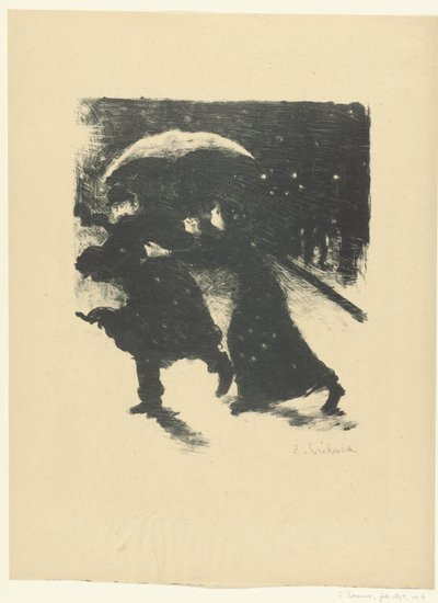hombre y mujer, debajo, paraguas, en, nieve, en, tarde Nocturno L