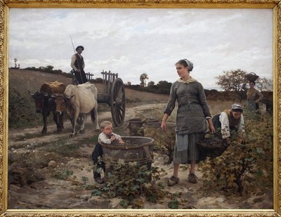 Rincón de viña; Languedoc. Escena rural con un hombre en un carro, mujeres recogiendo uvas y un niño comiendo los frutos cosechados. Pintura de Edouard Debat Ponsan (1847-1913) de Edouard Debat Ponsan