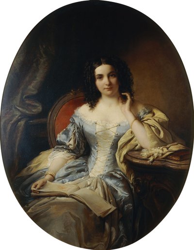 Retrato de una dama sentada con un vestido azul y blanco, 1853 de Edouard Ender