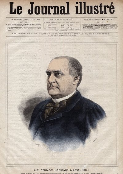 Jerome Bonaparte llamado Plon (Plonplon) (1822-1891) (Napoleón-Jerome Bonaparte o Príncipe Jerome Napoleón), hijo de Jerome Bonaparte (1784-1860) - Grabado de Navellier en “Le journal illustré” de 1891 de Edouard Felicien Eugene Navellier
